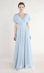 Light Sky Blue Elegant Chiffon Long V Neck Bridesmaid Dress With Cap Sleeves Tb Bridesmaid Dresses With Sleeves Bridesmaids Gowns With Sleeves Tulle Long Skirt