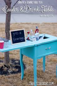 Old Sewing Machine Table To Cool Bar Top Table With Built In Cooler For Drinks A Great Way To Repurpos Old Sewing Tables Old Sewing Machine Table Sewing Table