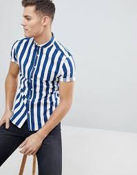 Black And White Vertical Striped Shirt Mens India Asos Asos Design Skinny Stripe Shirt In Blue Striped Shirt Men Stylish Shirts Men Vertical Striped Shirt
