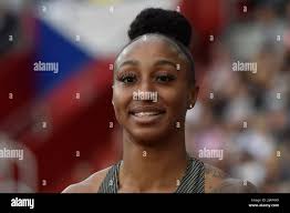 Puerto Rican track and field athlete Jasmin Camacho-Quinn smiles after  setting a new meeting record in 100m hurdles during the Golden Spike  meeting in Ostrava, Czech Republic, Tuesday, June 27, 2023. (Jaroslav