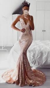 Elegant Straps Rose Gold Sequins Mermaid Evening Dress Cheap Prom Dresses Long Prom Dresses Sleeveless Rose Gold Prom Dress