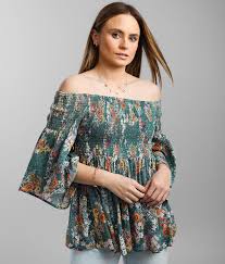 Angie Smocked Off The Shoulder Vintage Floral Top Women S Shirts Blouses In Green Buckle