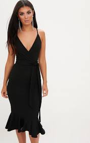 Black Strappy Tie Waist Fishtail Midi Dress Fishtail Midi Dress Black Tie Wedding Guest Dress Black Cocktail Dress