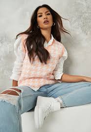 Explore anthropologie's unique collection of hair accessories, featuring the season's newest arrivals. Pink Houndstooth V Neck Sleeveless Knit Jumper Vest Missguided