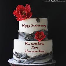 Love flowers and gifts are always a winning combination. Happy Anniversary Tiered Red Flowers Cake With Name Of Couple Cakedayphotoframes