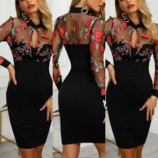 Hot ti faranno apparire più elegante. Abito Tubino Donna Vestito Elegante Tulle Scollo A Goccia Nero Fantasia Fiori E Rose Elasticizzato