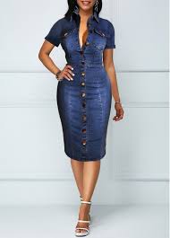 Women S Blue Denim Shirt Casual Jean Dress Button Up Short Sleeve Sheath Midi Tea Length Turndown Collar Chest Pocket Dress By Rosewe Turndown Collar Women S Fashion Dresses Fashion Womens Fashion