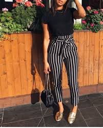 Black And White Pants Outfit Black White Striped Casual Outfit In 2020 Western Wear Outfits Pants Outfit Work Fashion