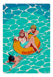 ht no9, beam (chainsaw man), denji (chainsaw man), power (chainsaw man),  chainsaw man, highres, 1girl, 2boys, black hair, blonde hair, border,  braid, cross-shaped pupils, hair ornament, hairclip, innertube, long hair,  looking at