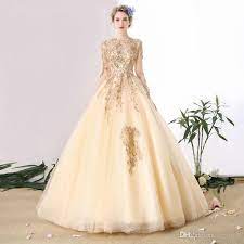 Discount 2018 Champagne Long Sleeve Wedding Dresses With Gold Lace Appliques Pearls Court Train Bridal Dress Muslim Wedding Gowns For Bride Trouwjurk Wedding Dr Wedding Dress Long Sleeve Ball Gown Dresses