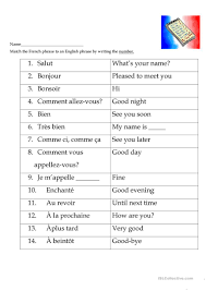 French for kids french numbers and counting in french lesson her work in language tuition was recently recognised when she won an award for her contribution to children's learning. French Greetings Match English Esl Worksheets For Distance Learning And Physical Classrooms