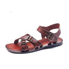 Handmade Mens Strappy Leather Sandals Open Toe Buckle And Tan Color