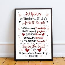 One of the traditional 40th wedding anniversary gift ideas for a husband to give his wife is a beautiful ruby jewelry gift, perhaps a necklace or earrings. Personalised 40th Wedding Gift Framed Print 40th Anniversary