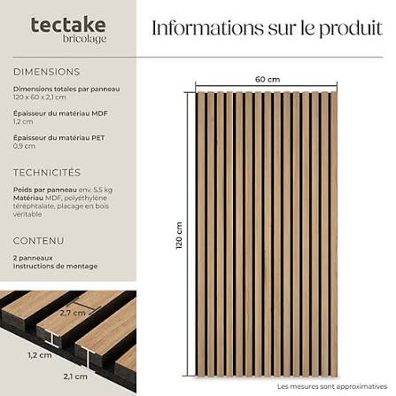 Panneaux acoustiques muraux en MDF placage bois chêne 120x60x2,1cm isolation phonique décoration scandinave 2 pièces | Castorama