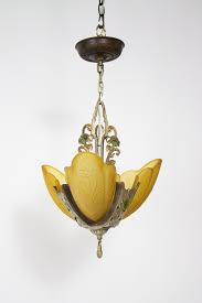 1930 S Painted Cast Aluminum And Amber Glass Three Light Art Deco Chandelier Appleton Antique Lighting