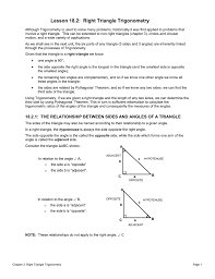 Before learning more about trigonometry in a right triangle, the previous knowledge of students may be • solving correctly and writing final answer with proper units. Lesson 18 2 Right Triangle Trigonometry