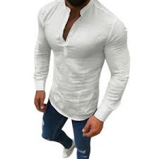 Details About Men Solid Color Slim Fit Linen Formal V Neck Long Sleeve Buttons Shirt Plus Size