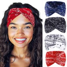 Urieo Boho Women Headband Stretchy Bandanas Headband Turban Paisley Print  Hair Band Sport Knotted Hair Wrap for Women and Girls(Pack of 4) (A) : ...