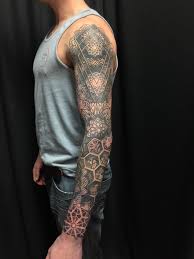 Black And Grey Tattoo Artists Edmonton Closer Look At My Geometric Mandala Sleeve Done By Rob Hoskins Atomic Zombie In Edmonton Canada Mandala Sleeve Geometric Mandala Nerd Tattoo
