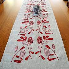 linen table runner hand screen printed red natural australian banksia fabric stamping linen table runner screen printing