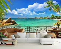 3d Large Deck Overlooking Beach Blue Sky Ocean Wallpaper Mural In 2021 Mural Wallpaper Ocean Wallpaper Wall Murals