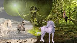They were 'inhabited' by diverse mythical beings, all endowed with superhuman powers and characters, often appearing in human form. Fantasy Unicorn Elf Forest Mysticism Horses Mythical Creatures Montage Desert Woman Between World Pikist