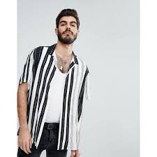 Black And White Striped Shirt Mens Outfit Asos Oversized Viscose Stripe Shirt With Revere Collar 29 Liked On Polyvore Featuring Men S Fash Stylish Shirts Men Mens White Dress Shirt White Shirt Men