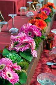 Long Low Design With Grouped Gerbera Daisy Centerpieces Gerbera Flower Arrangements