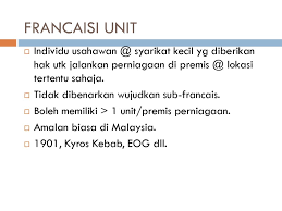 1malaysia stesen francais perniagaan francais dari sektor makanan berkonsepkan mobile kiosk atau cart yang berpotensi • diperkenalkan di kpdnkk sebagai prototaip untuk perkembangan francais mikro • objektif: Francais Dan Usahawan Ppt Download