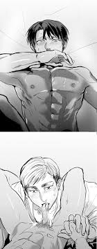 erwin smith, levi (shingeki no kyojin), shingeki no kyojin, highres, 2boys,  abs, blush, censored, fellatio, greyscale, male focus, monochrome, multiple  boys, muscular, oral, penis, topless male, yaoi - Image View - |