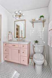 Pair graphic tiles with monochrome. Pink Vanity With Brass Hardware Master Bathroom Transitional Bathroom New York By Kraftmaster Renovations Houzz