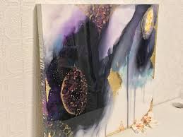 Abstract Black And Gold Acrylic Painting Smokey Black And Gold Canvas Original Abstract Acrylic Painting Gold Leaf Resin Beach Wavy Print Horizon Sky Cloudy Drips Leaf Leaves Gold Canvas Abstract Painting Acrylic Resin Coating