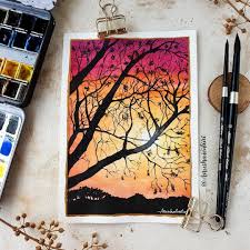 Watercolor Sunset Painting Watercolorpainting Sunset Tree Silhouette Sunsetsky Skyscape Watercolor Sunset Sunset Painting Painting