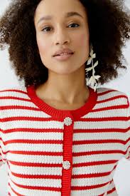 Oui 93583 White Red Stripe Cardigan 0103