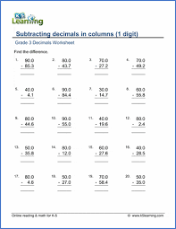 Free math puzzles mashup math : Grade 3 Worksheet Subtracting Decimals From Whole Numbers In Columns K5 Learning