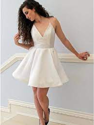 A Line V Neck Backless White Satin Short Homecoming Dress Evening Mini Dresses Homecoming Dresses Satin Cocktail Dress