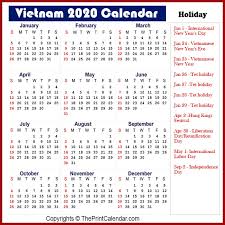 Calendar 2020 Vietnam Vietnam 2020 Yearly Printable Calendar
