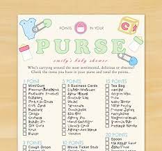 I Like This Game Too I Know Lots Of People That Carry All This Random Stuff In Their Purse Ha Ha Baby Shower Baby Shower Fun Cute Baby Shower Ideas