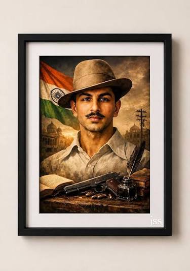 Bhagat Singh Framed Wall Art, Indian Freedom Fighter Portrait, Black Frame, Patriotic Theme : Amazon.in: Home & Kitchen