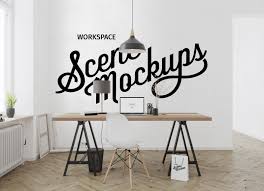 Laptop with blank screen on office desk. Workspace Desk Interior Mockups In Device Mockups On Yellow Images Creative Store