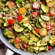 In fact, when it comes to the popular summer squash, the trickiest thing about it is spelling its name correctly. This 30 Minute Healthy Ground Turkey Zucchini Skillet With Pesto Is Delicious Low Ca Ground Turkey Recipes Healthy Healthy Turkey Recipes Healthy Ground Turkey