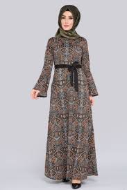 M D P Volan Kol Tesettur Elbise Mdp5087 Etnik Desen Haki Uzun Elbise The Dress Maksi Elbiseler