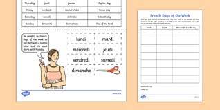 There is a poster and flashcards, as well as 5 worksheets and activities of different levels of difficulty: Days Of The Week In French Worksheet Primary Resources Ks2