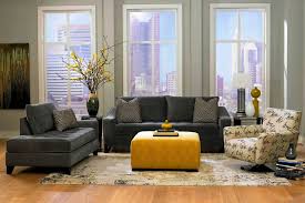 Gray Leather Sofa In Living Room With Yellow Ottoman Living Room Grey Grey Furniture Living Room Yellow Living Room