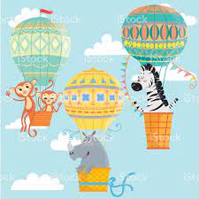 Hot Air Balloons With Animals Monkeys Rhinoceros And Zebra Vector Balloon Illustration Cute Kawaii Girl Free Vector Art