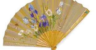 a wood fan with jewelled gold mounts st petersburg circa 1890 the guards and sticks of burl maple applied with a turquoise flower hand held fan old fan fan