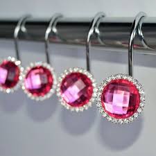 Shower Curtain Hooks Rings Hot Pink Fuchsia Decorative Diamond Crystal Gems Bling Rhinestones Bathroom Set Set Of 12 Pink Bathroom Decor Shower Curtain Hooks Pink Shower Curtains