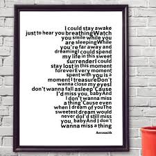 Aerosmith I Don T Want To Miss A Thing 1 Year Anniversary Etsy Aerosmith Lyrics Song Lyric Print Wedding Song Artwork