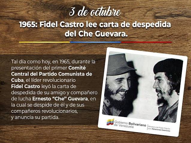 60 años de Fidel y la Carta del Che***. El 3 de octubre de [1965](https://es.wikipedia.org/wiki/1965), en [Cuba ](https://es.wikipedia.org/wiki/Cuba), **[Fidel Castro](https://es.wikipedia.org/wiki/Fidel_Castro)**** lee oficialmente la carta de ...