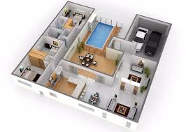 Plano De Casa En 3d Con Piscina Interiores De Casas Pequenas Planos De Casas Planos De Casas Medidas